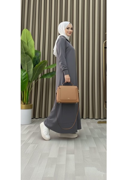 Fermuar Detaylı Cepli Spor Uzun Örme Tesettür Elbise modelleri