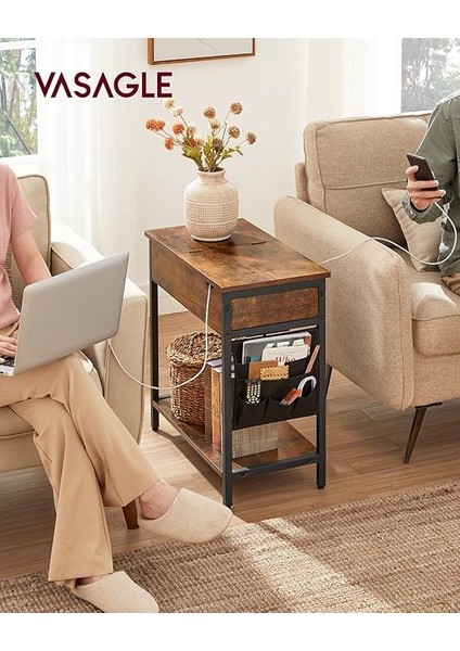 Elektrikli Sehpa, Yan Masa, Katlanır Masa, Başucu Masası, Elektrik Soketli, Kumaş Eşya Torbalı, Vintage, Kahverengi - Siyah, LET311B01 fırsatları