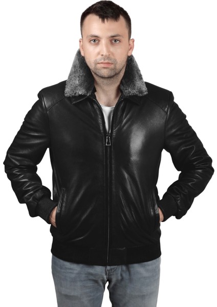 Derije Kelvin Hakiki Jumbo Deri Erkek Siyah Seyyar Yaka Mont
