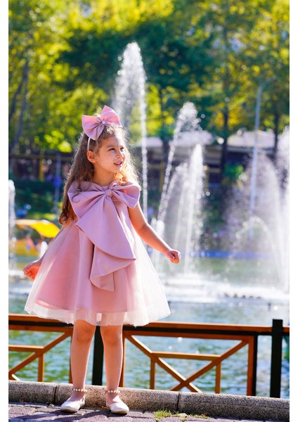 Kız Çocuk Abiye Elbise Büyük Fiyonk Detaylı Özel Gün Parti Elbisesi