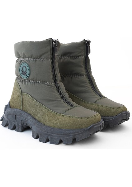 Unisex Çocuk Fermuarlı Kapitone Kalın Tabanlı Kar Botu - Haki