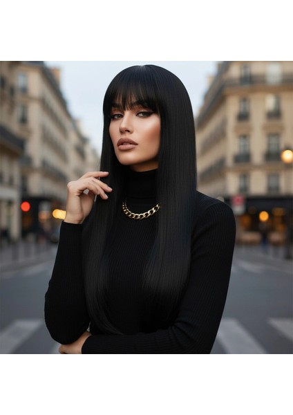 Düz Perçemli Uzun Fiber Sentetik Peruk - Siyah