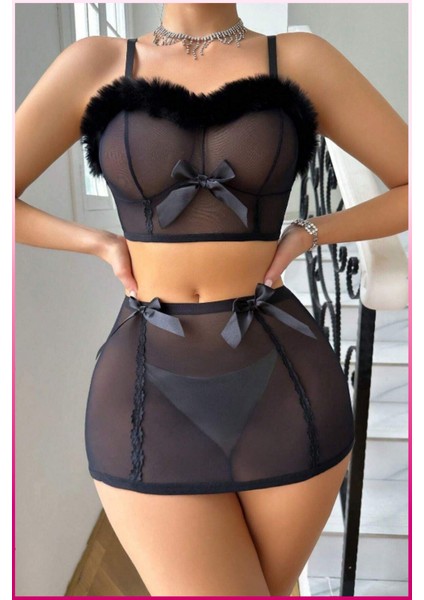 Siyah Tül Kurdele Detaylı Seksi Iç Giyim Seti