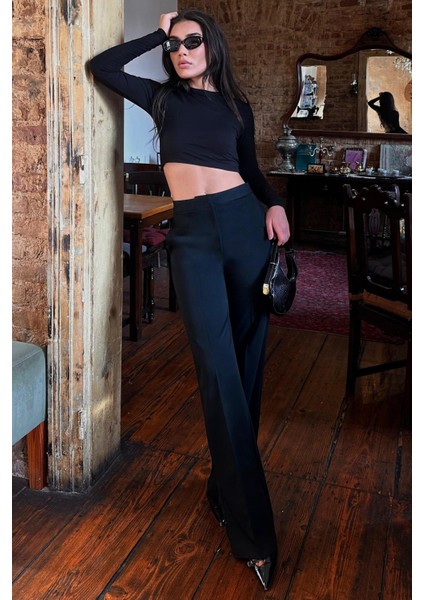 Siyah Yüksek Bel Kumaş Pantolon MG2284 fırsatları