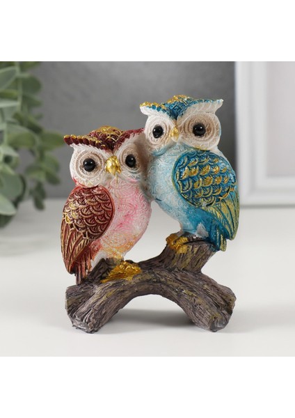 Lüks Işlemeli Canlı Renkli Dal Üzerinde Ikili Baykuş Çift Heykeli Dekoratif Biblo Ev & Ofis Hediyesi