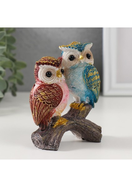 Lüks Işlemeli Canlı Renkli Dal Üzerinde Ikili Baykuş Çift Heykeli Dekoratif Biblo Ev & Ofis Hediyesi fiyatları