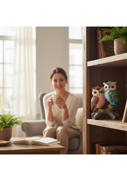 Lüks Işlemeli Canlı Renkli Dal Üzerinde Ikili Baykuş Çift Heykeli Dekoratif Biblo Ev & Ofis Hediyesi fırsatları