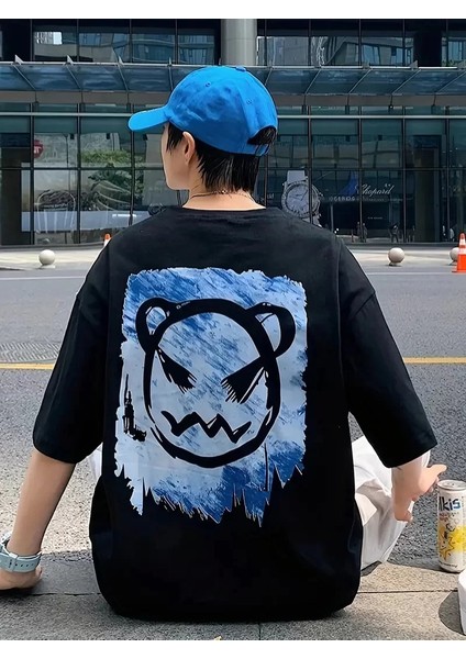 20/1 Penye Compack Bisiklet Yaka Kore Tarzı Sevimli Ayı Baskı Kısa Kol Erkek T-Shirt - Siyah indirimleri