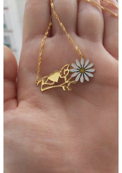925 Ayar Gümüş 24 Ayar Altın Kaplama Harfli Papatya Kolye