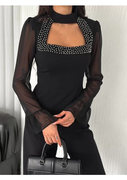 Penye Uzun Kollu Kadın Kolları Şifon Göğüste Inci Boncuk Detaylı Bluz - Siyah