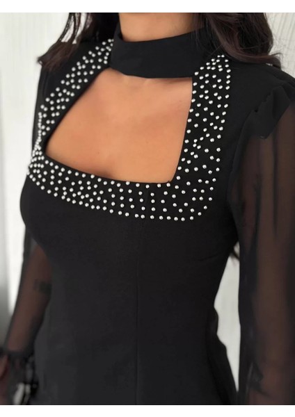 Penye Uzun Kollu Kadın Kolları Şifon Göğüste Inci Boncuk Detaylı Bluz - Siyah fiyatları