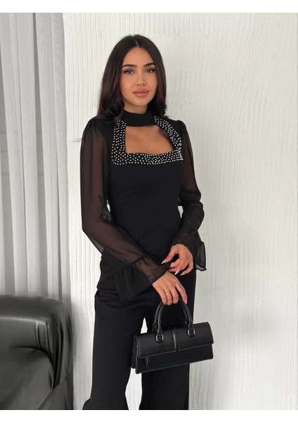 Penye Uzun Kollu Kadın Kolları Şifon Göğüste Inci Boncuk Detaylı Bluz - Siyah modelleri