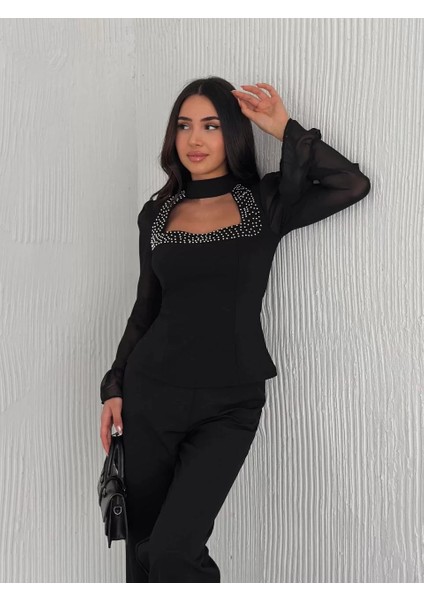 Penye Uzun Kollu Kadın Kolları Şifon Göğüste Inci Boncuk Detaylı Bluz - Siyah indirimleri