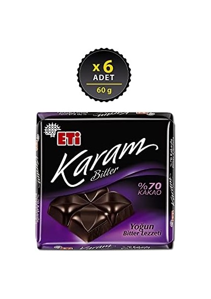 Eti Karam %70 Kakaolu Bitter Çikolata 60 G x 6 Adet fiyatları