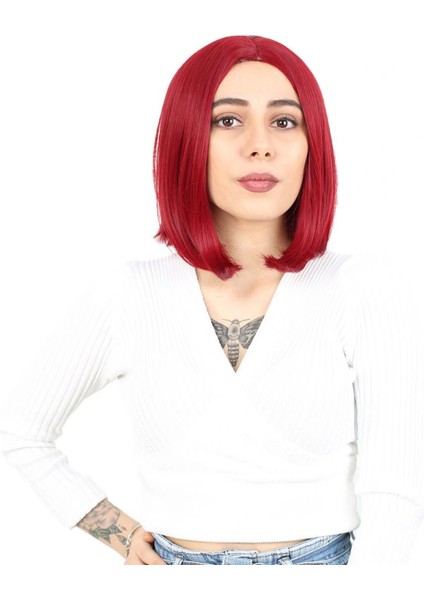 Fiber Sentetik Peruk Perçemsiz Kısa Düz - Kızıl