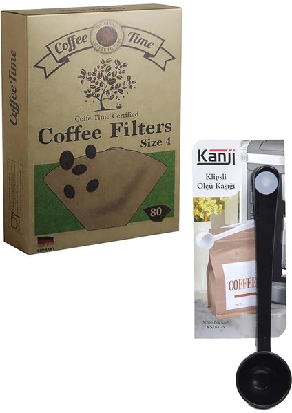 Time Filtre Kahve Kağıdı 1/4 4 Numara 80'li Paket + Kanji Klipsli Çay Kahve Ölçü Kaşığı - Siyah