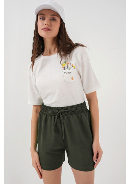 Kadın Bdart Beli Lastikli Rahat Kesim Şort Haki Yeşil