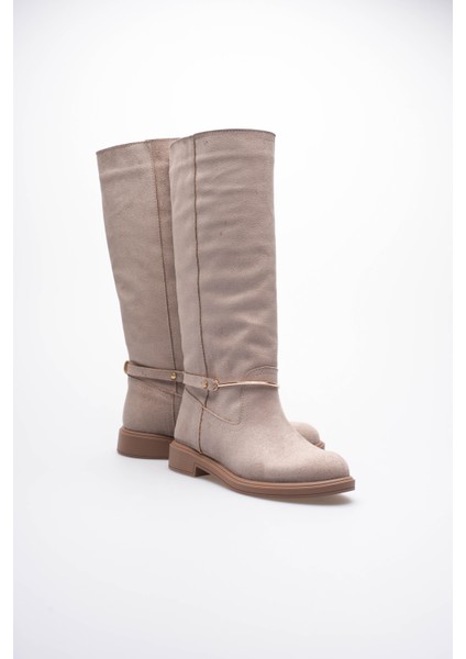 Kadın Süet Çekme Çizme Gold Tokalı Vizon Rionna