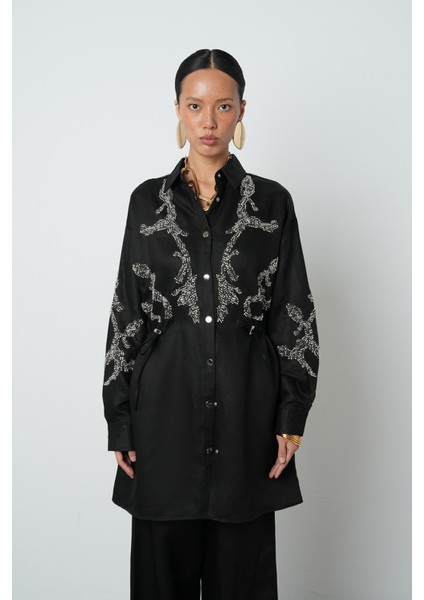 Kadın Boncuk Işlemeli Belden Büzgülü Çıtçıt Kapamalı Ceket