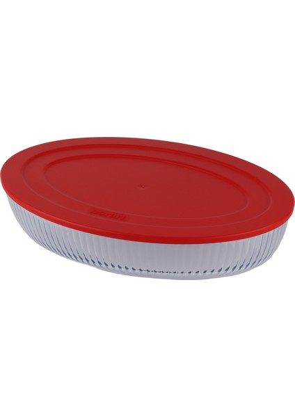 Kırmızı Plastik Kapaklı Optik Desenli Küçük Cam Oval Tepsi