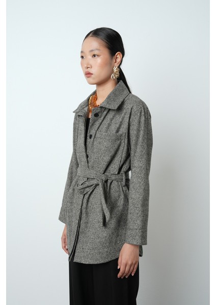 Kadın Gri-Siyah Desenli Cepli Kuşaklı Tesettür Gömlek-Ceket fiyatları