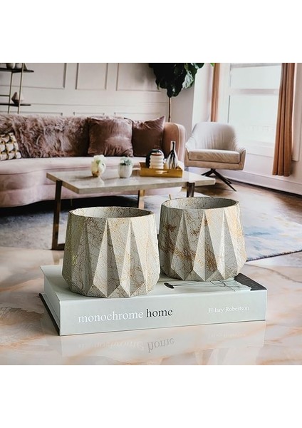 Yapımı,dekoratif Lüx Saksı,orta Boy Ikili Set, Dekoratif Mermer Desenli Beton Saksı 2 Adet, Ev ve Ofis Saksısı