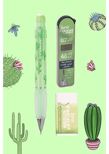 Doğa Desenli Deep Kalem, Deep Silgi ve Deep Min, 0.7 Mm, Elma Yeşili modelleri