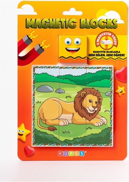 Manyetik Blok Çift Taraflı 9 Parçalı Mıknatıslı Puzzle 2 Görsel Aslan-Zebra Yapboz