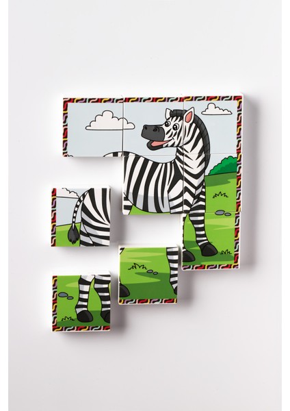 Manyetik Blok Çift Taraflı 9 Parçalı Mıknatıslı Puzzle 2 Görsel Aslan-Zebra Yapboz