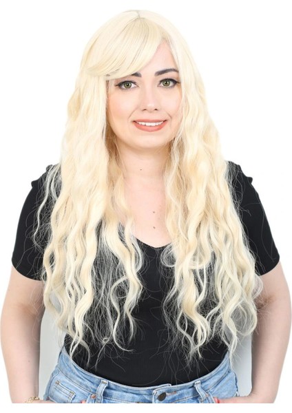 Perçemli Uzun Su Dalgası Fiber Sentetik Peruk - Platin