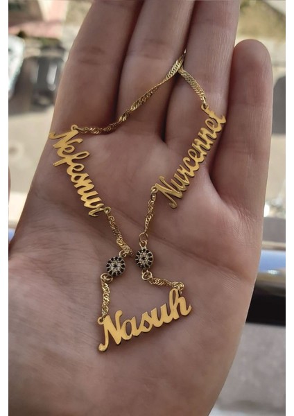 925 Ayar Gümüş 24 Ayar Altın Kaplama 3 Isimli 2 Nazar Boncuklu Kolye