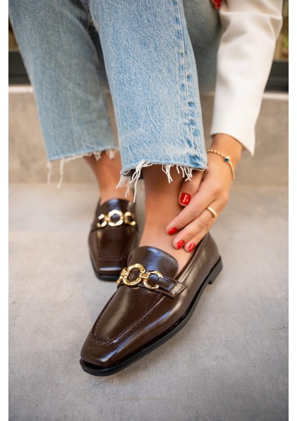 Biens Acı Kahve Deri Düz Taban Gold Detaylı Ayakkabı modelleri