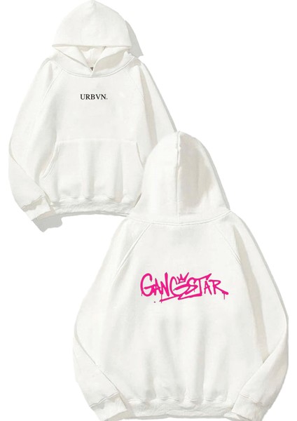 Gangstar Tasarım Baskılı Oversize Beyaz Kapüşonlu Sweatshirt