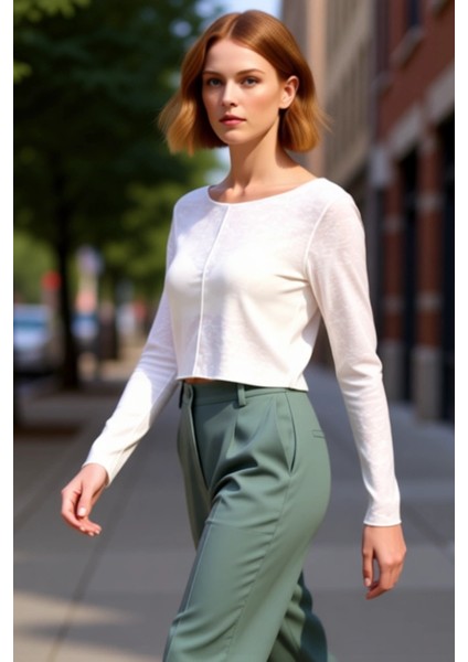 Kadın Regular Kalıp Düşük Kol Kayık Yaka Nervürlü Uzun Kollu Crop Triko Bluz Kaliteli Şık Rahat