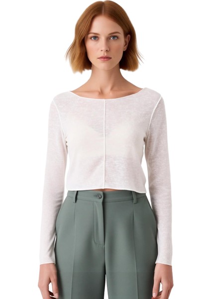 Kadın Regular Kalıp Düşük Kol Kayık Yaka Nervürlü Uzun Kollu Crop Triko Bluz Kaliteli Şık Rahat modelleri