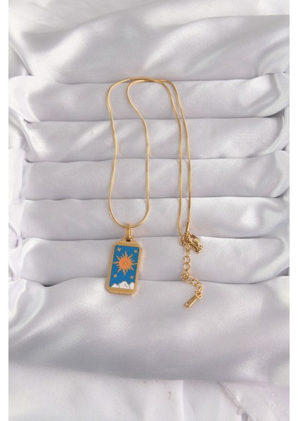 316L Çelik Gold Renk Mavi Mineli Güneş Model Tarot Kolye fiyatları