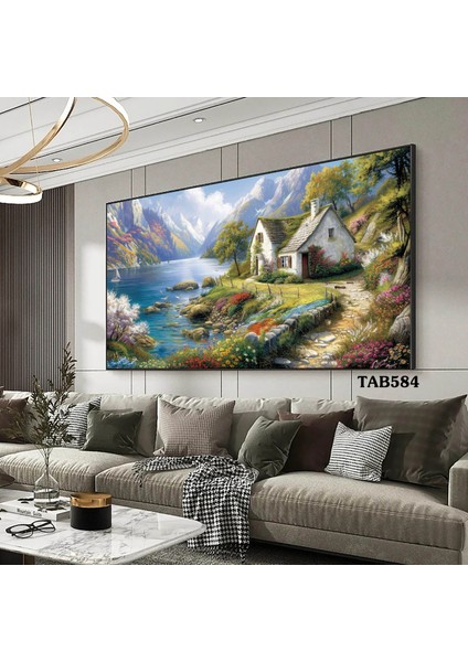 Göl Kenarında Taş Ev Kanvas (Led) Işıklı Tablo