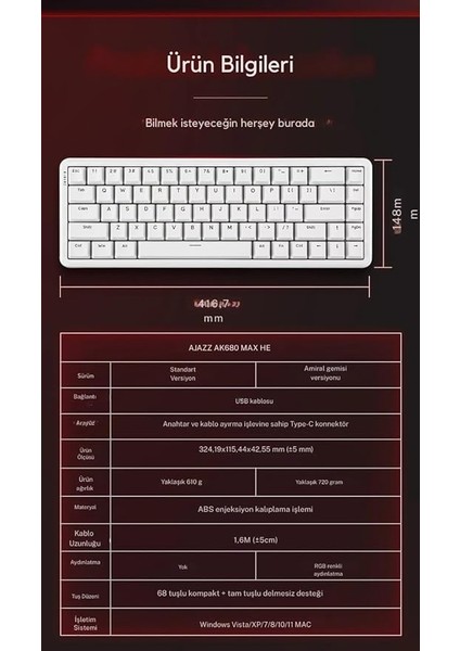 AK680 Max He Kablolu Manyetik Switch Klavye - 8000Hz - 0.125MS (AK680 Max He - Beyaz) fırsatları