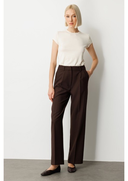 Kadın Yüksek Bel Bol Paça Pantolon 5019 Kahverengi fiyatları