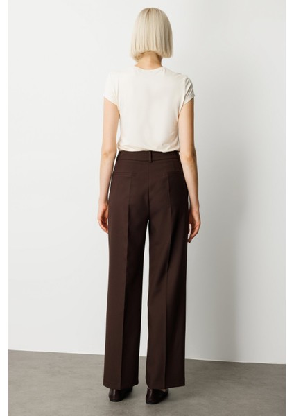 Kadın Yüksek Bel Bol Paça Pantolon 5019 Kahverengi fırsatları