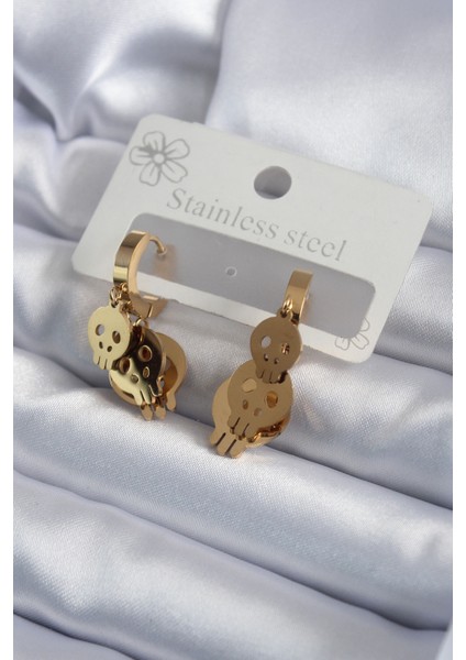 316L Çelik Gold Renk Sallantı Kuru Kafa Model Kadın Küpe - Lisinya