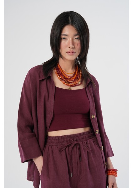 Kadın %100 Keten V Yaka Düz Renk Gömlek