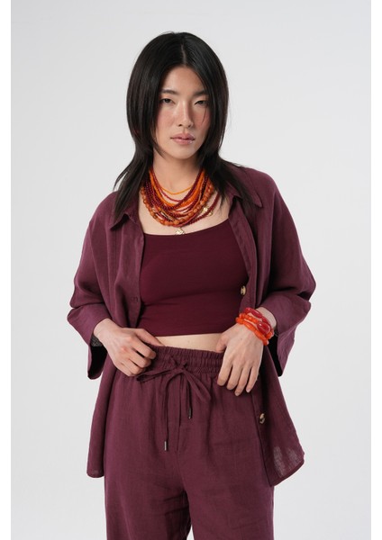 Kadın %100 Keten V Yaka Düz Renk Gömlek fiyatları