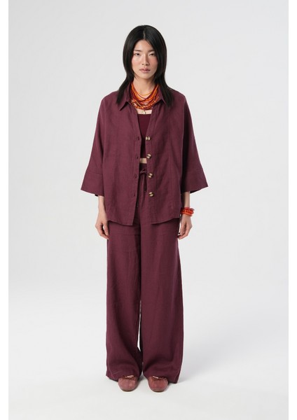 Kadın %100 Keten V Yaka Düz Renk Gömlek fırsatları