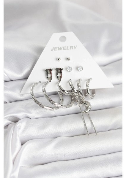 Gümüş Renk Pirinç 6'lı Kadın Küpe Seti