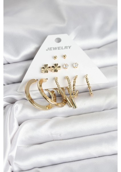 Pirinç Gold Renk 6 Çift Kadın Küpe Seti