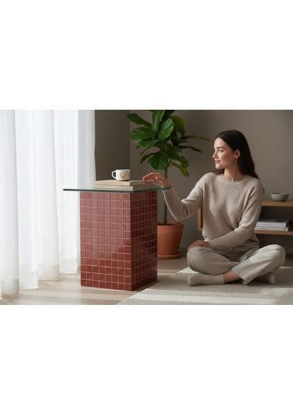 El Yapımı Kırmızı Mozaik Kaplamalı Cam Üst Sehpa – Modern & Şık Yan Sehpa Tasarımı (26 x 45)