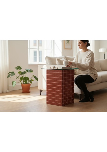 El Yapımı Kırmızı Mozaik Kaplamalı Cam Üst Sehpa – Modern & Şık Yan Sehpa Tasarımı (26 x 45) fiyatları