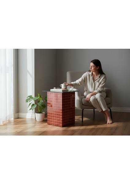 El Yapımı Kırmızı Mozaik Kaplamalı Cam Üst Sehpa – Modern & Şık Yan Sehpa Tasarımı (26 x 45) modelleri