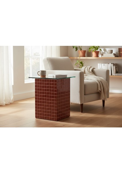 El Yapımı Kırmızı Mozaik Kaplamalı Cam Üst Sehpa – Modern & Şık Yan Sehpa Tasarımı (26 x 45) indirimleri